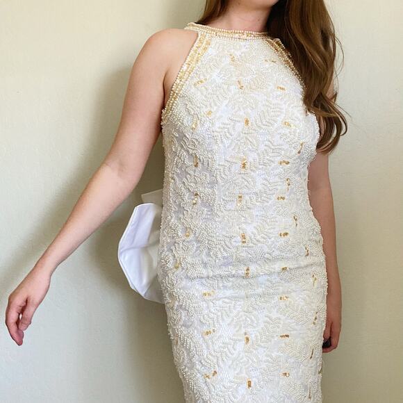 Vintage 90s Pearl Beaded Wedding Gown Size 12 Back Bow Old Money Bridal Dress - Picture 2 of 9